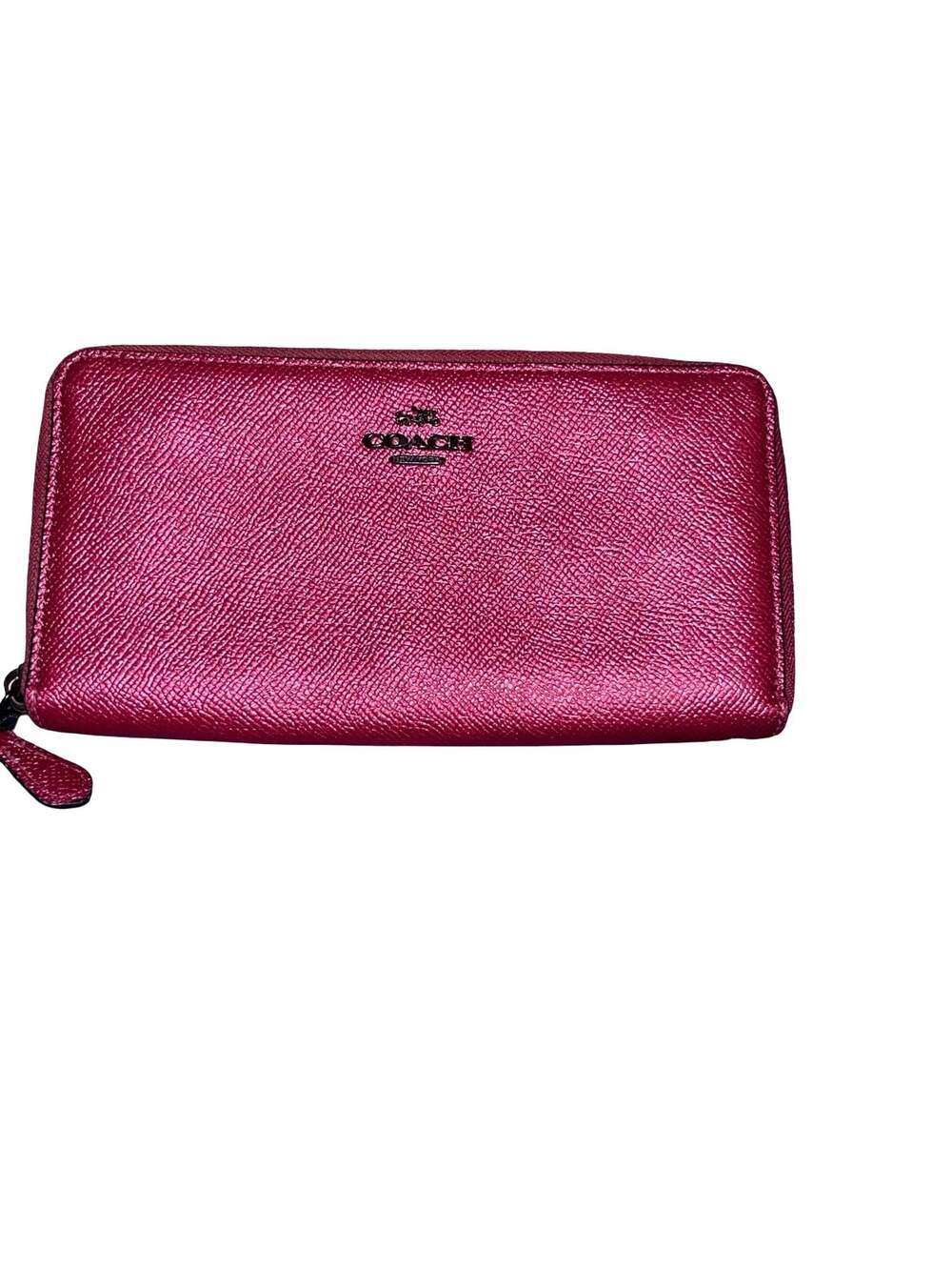 Coach Accordion Zip Wallet in Metallic Magenta Pink Crossgrain Leather
